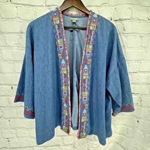 Falls Creek Denim Jacket Women's XL Blue Embroidered Aztec Open Front No Belt